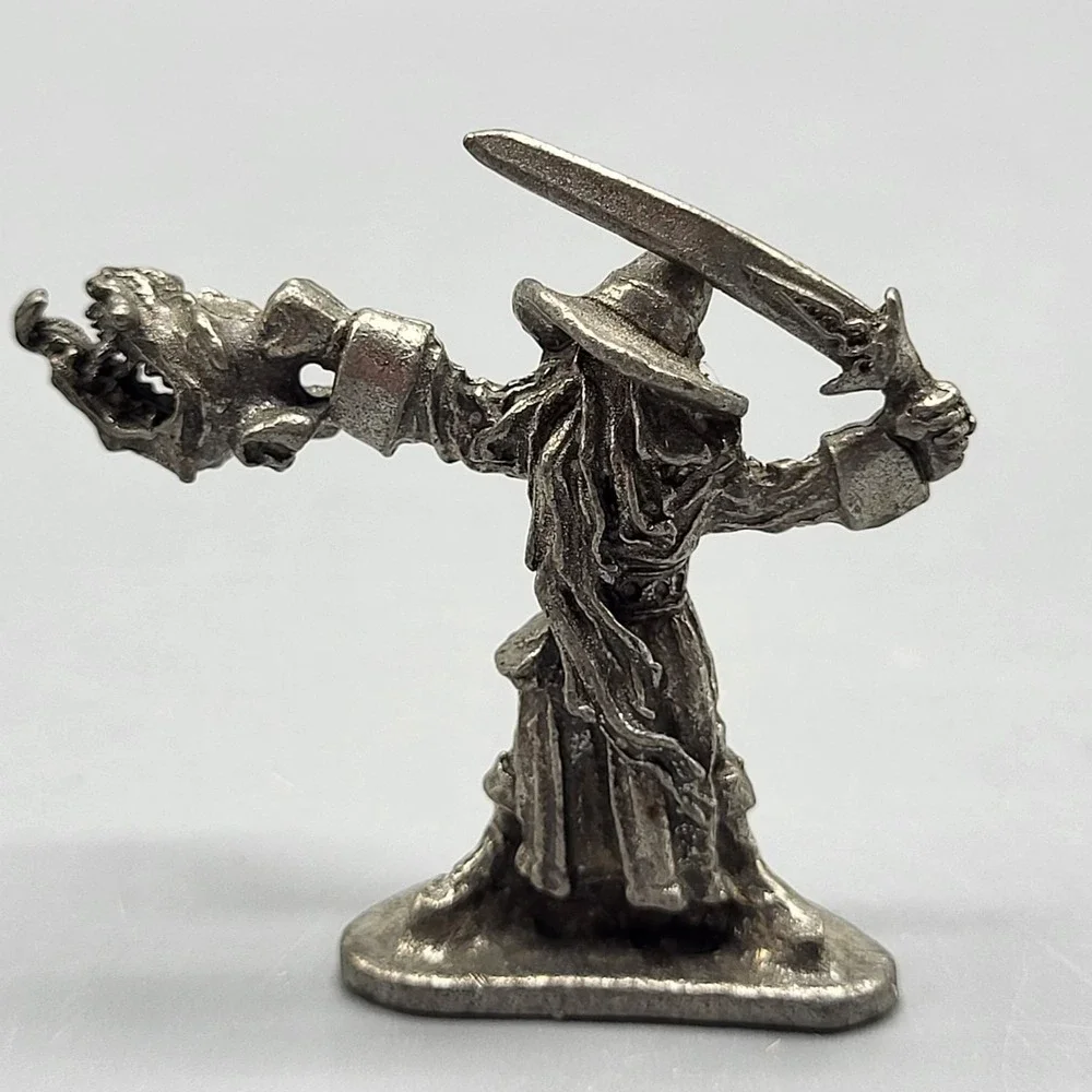 Vtg 1996 Signed Pewter Wizard Figurine Sword Dragon Shelf Decor 1.25